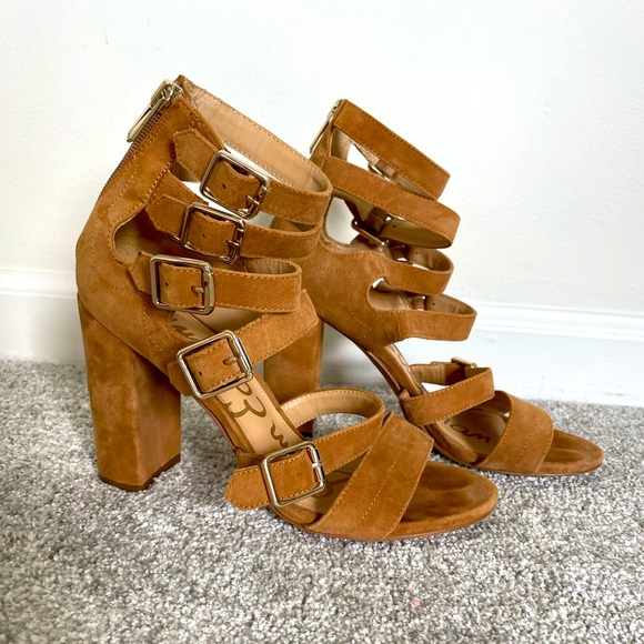 Sam Edelman tan block sandal heels, size 7.5, gold buckles - Picture 1 of 7